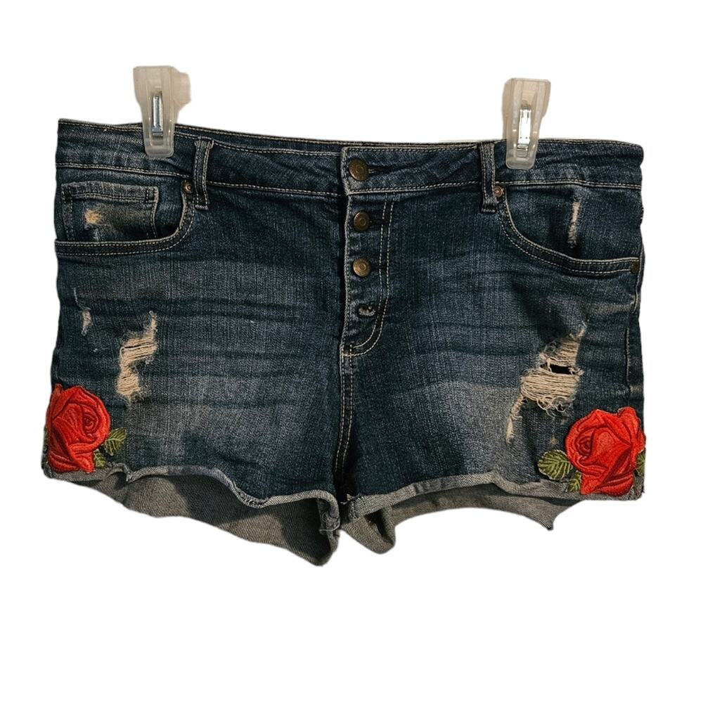 NOBO woman's distressed denim jean cutoff short with roses Size 13/Large